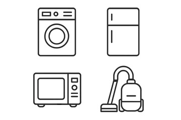 Poster - Household appliances vector icon set. Home electronics linear symbols. Washing machine, refrigerator, microwave, vacuum cleaner. Kitchen equipment and cleaning tools.