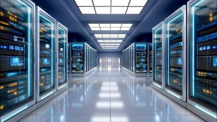 Poster - Modern data center with illuminated server racks and reflective floor showcasing advanced technology, digital network, and modern computer rack