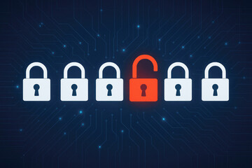 Poster - White and orange padlocks on digital circuit board security unlocked