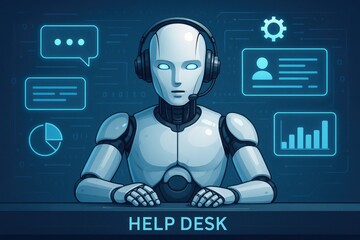 Poster - White robot with headset and glowing blue eyes assisting at a help desk artificial intelligence