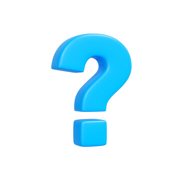 Glossy blue question mark symbol on white background, simple 3D rendered help or FAQ icon