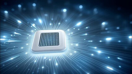 Poster - Glowing blue microchip with digital circuit lines radiating light, symbolizing advanced electronic technology and innovation futuristic digital