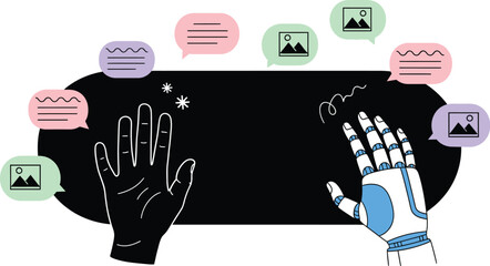 Poster - Human vs ai communication concept with hands and speech bubbles for technology and innovation 100