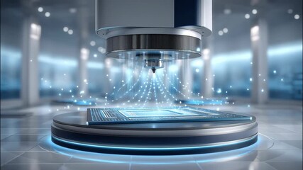 Poster - Futuristic 3d printer creating glowing circuit board with blue light particles in high tech laboratory scanning electronic technology and electronics