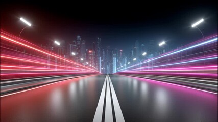 Poster - Futuristic city skyline at night with glowing neon light trails on empty urban road creating dynamic vibrant atmosphere and stunning visuals