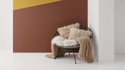 Poster - A stylish green metal chair layered with cushions and a blanket, positioned in a modern space with brown and yellow accent walls.