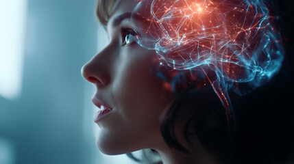 Poster - Woman profile with digital brain overlay against a blurred background