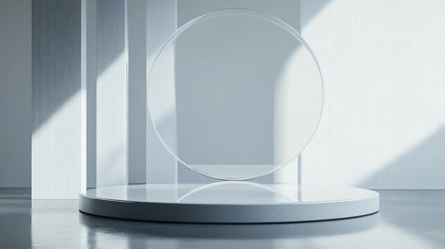 Futuristic Glass Podium with Overlapping Transparent Layers and Glowing Illumination