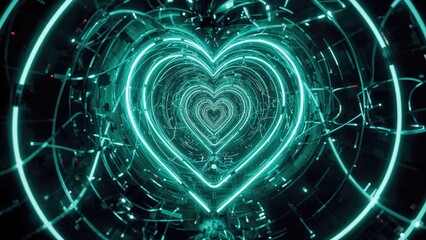 Poster - Abstract Sea-Green Heart Tunnel Featuring Neon Light Texture