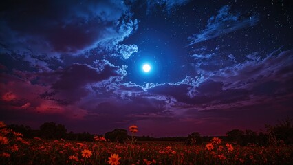 Wall Mural - the night is filled with bright stars and a glowing full moon under a melancholic atmosphere