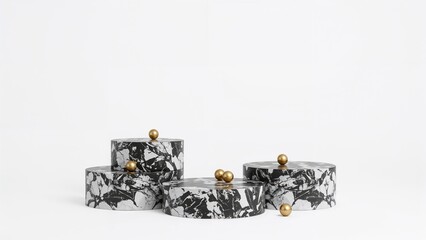 Poster - Three cylindrical platforms on black and white marble stairs accented by gold balls, showcased on a clean white backdrop in a simple abstract design.