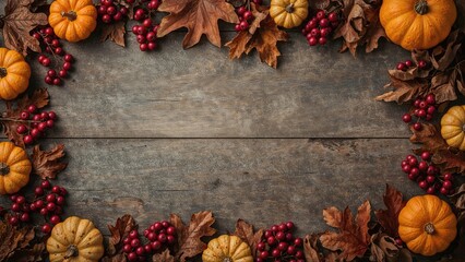 Wall Mural - Aerial perspective of autumn harvest items including pumpkins, berries, and leaves arranged on wood