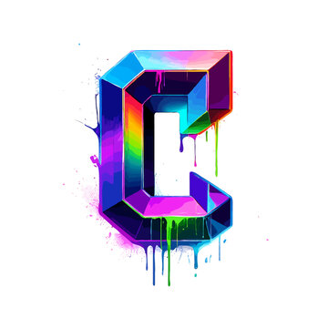 Vector art of colorful letter c with paint drips on a white background