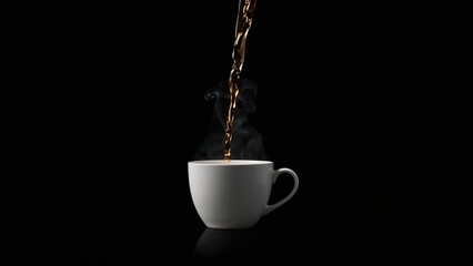 Poster - Boiling water flowing into a white cup with a black background