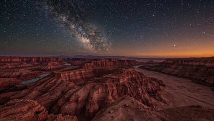 Poster - Top-down look at a scarlet sandy landscape, cratered hills, and shining stars.