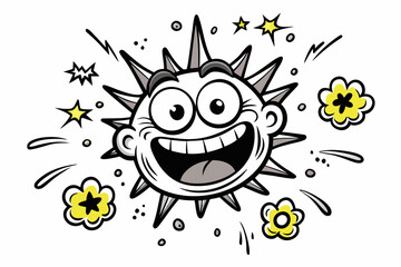 Poster - Cartoon Character with Spikes Big Smile and Yellow Flowers Floating Around Isolated on White Background Whimsical and Fun Perfect for Children s Illustration or Graphic