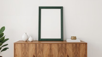 Poster - Mock-up frame in dark green resting on a wooden cabinet, generated by AI tools