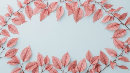 Wall Mural - pastel blue backdrop framed with stunning pink foliage, aerial perspective, flat arrangement. botani