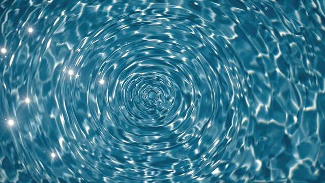 Top-down perspective of blue circular water patterns and pool light reflections