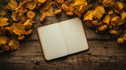Wall Mural - Yellow fall leaves and floral arrangement. Opened journal on table. Area for text. Flat lay perspective. Idea of organizing plans