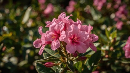 Wall Mural - Vibrant pink oleander flowers thriving in a garden setting, showcasing natural elegance