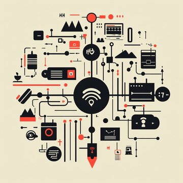 Modern graphic illustration featuring technology connections, depicting networking, devices, and various interconnected digital elements.