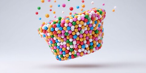 Canvas Print - Abstract 3D rendering featuring a spherical cup overflowing with colorful, small spheres in vibrant hues