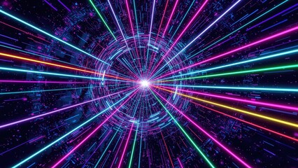 Leinwandbilder - Eye-catching futuristic abstract backdrop with radiant neon lines guiding into a gravity trap and bright, colorful laser beams