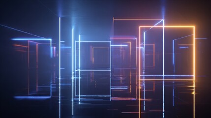 Aufkleber - Futuristic geometric neon showcase scene with glowing lines and abstract shapes in empty digital space, ideal for product display, virtual background, technology banner, or sci-fi concept environment