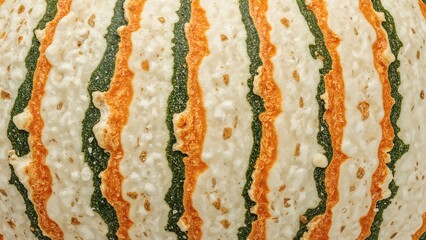 Wall Mural - Detailed view of the coarse surface and vibrant striped design in orange, green, and yellow on a pale gourd