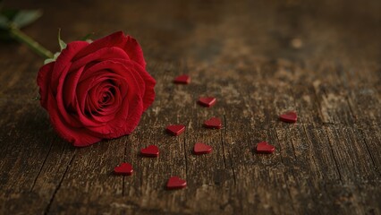 Wall Mural - Graceful rose surrounded by miniature hearts on wooden texture