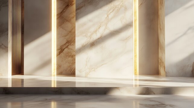 Elegant golden stage with natural light highlighting the luxurious marble texture, creating a sophisticated atmosphere for presentations.