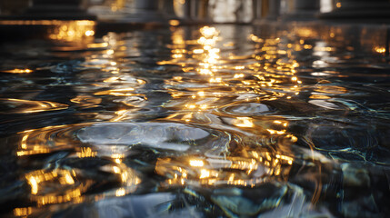 Poster - The image presents an abstract composition showcasing the reflection of light on a water or glass surface. The reflection distorts the surrounding environment, creating a pattern