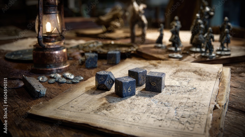 Aged tabletop dice, map, and lantern Stock Illustration | Adobe Stock