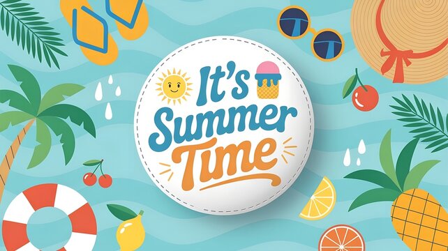 Bright Cheerful Summer Illustration with Fruits and Beach Items