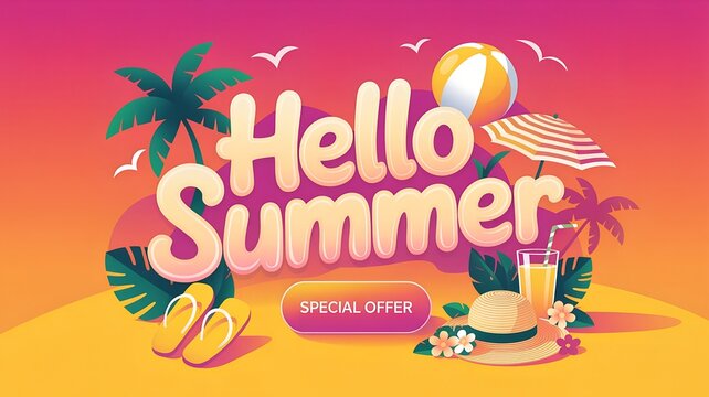 Bright Cheerful Summer Illustration with Fruits and Beach Items