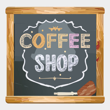 Chalk Text on Blackboard Spelling ‘Coffee Shop’ – Handwritten Chalk Typography with Dusty Texture, Vintage Blackboard Sign Design, Isolated Artwork for Café Branding, Rustic or Retro Marketing Use