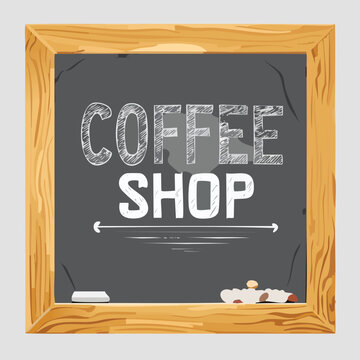 Chalk Text on Blackboard Spelling ‘Coffee Shop’ – Handwritten Chalk Typography with Dusty Texture, Vintage Blackboard Sign Design, Isolated Artwork for Café Branding, Rustic or Retro Marketing Use