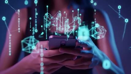 Woman Holding Mobile Phone with Binary Code Network Overlay and Blue Purple Lighting Against a Dark Background Technology Concept
