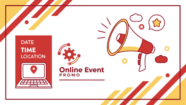 Online event promotion with megaphone and laptop graphics