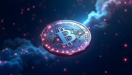 Wall Mural - holographic coin with blockchain symbols, floating in cyberspace