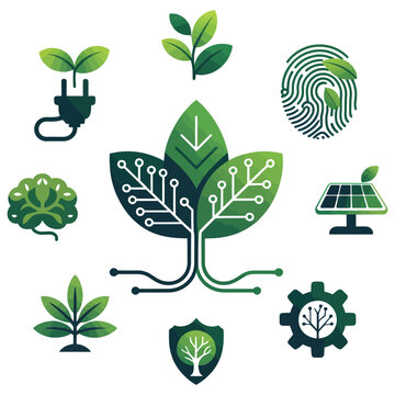 A vector set of green eco icons featuring leaf, tree, and plant designs, symbolizing nature, growth, and environmental protection