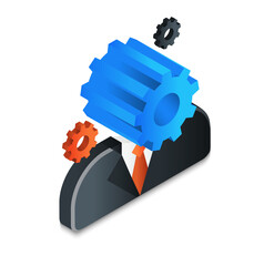 Poster - Isometric Businessman with Rotating Gears;  Modern, Abstract, and Conceptual Design.