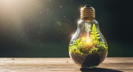 Poster - Light bulb filled with young plants on a wooden surface emphasizing harmony between technology and the environment.