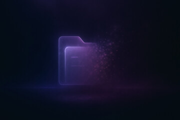 Poster - Data Dissolving: An abstract image portrays a glowing data folder, dissolving into particles, representing digital transformation and data loss.