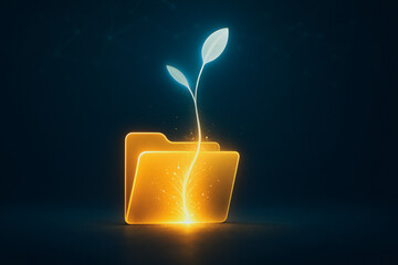 Aufkleber - Digital Growth: A symbolic representation of digital growth and innovation. A radiant folder sprouts with a vibrant, glowing plant, signifying the blossoming of ideas, data, and expansion.