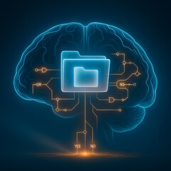 Poster - Brain Technology Icon: A stunning and futuristic rendering of a brain with a central folder icon and a network of interconnected circuits, symbolizing technological innovation and digital thought.