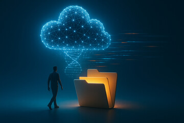 Fototapete - Cloud Data Processing: A silhouette of a person gazing at an illuminated cloud, symbolizing data processing and digital innovation. It is a visual that evokes the essence of modern technology.