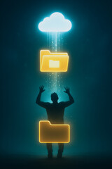 Fototapete - Cloud Data Transfer: Illustrative image of a person interacting with digital folders transferring data with a cloud with a dark background, evoking a sense of technological connection and data flow.