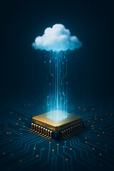 Fototapete - Digital Ascent: A digital cloud emanates from a central processing unit, symbolizing the seamless transfer of data to the cloud within an informational setting.